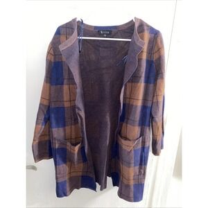 Two Sisters Women's Open Cardigan Plaid Blue And Brown Medium